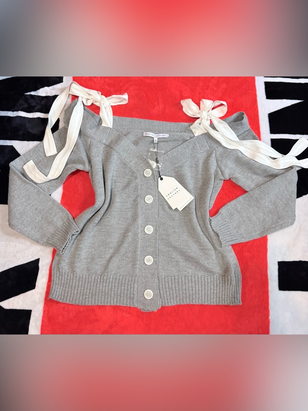 English Factory Gray Cold-Shoulder Cardigan with White Ribbon Ties